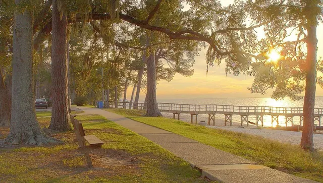 Paved bayfront walking and biking path along Mobile Bay