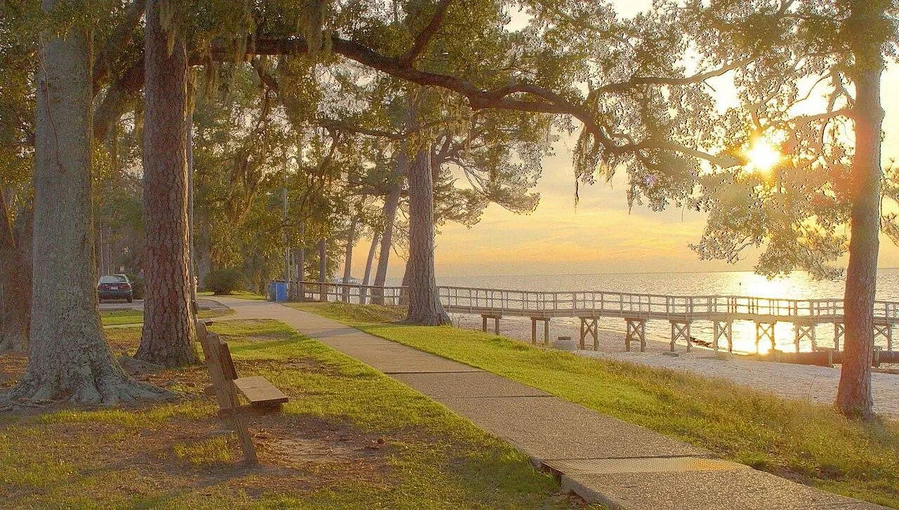Paved bayfront walking and biking path along Mobile Bay