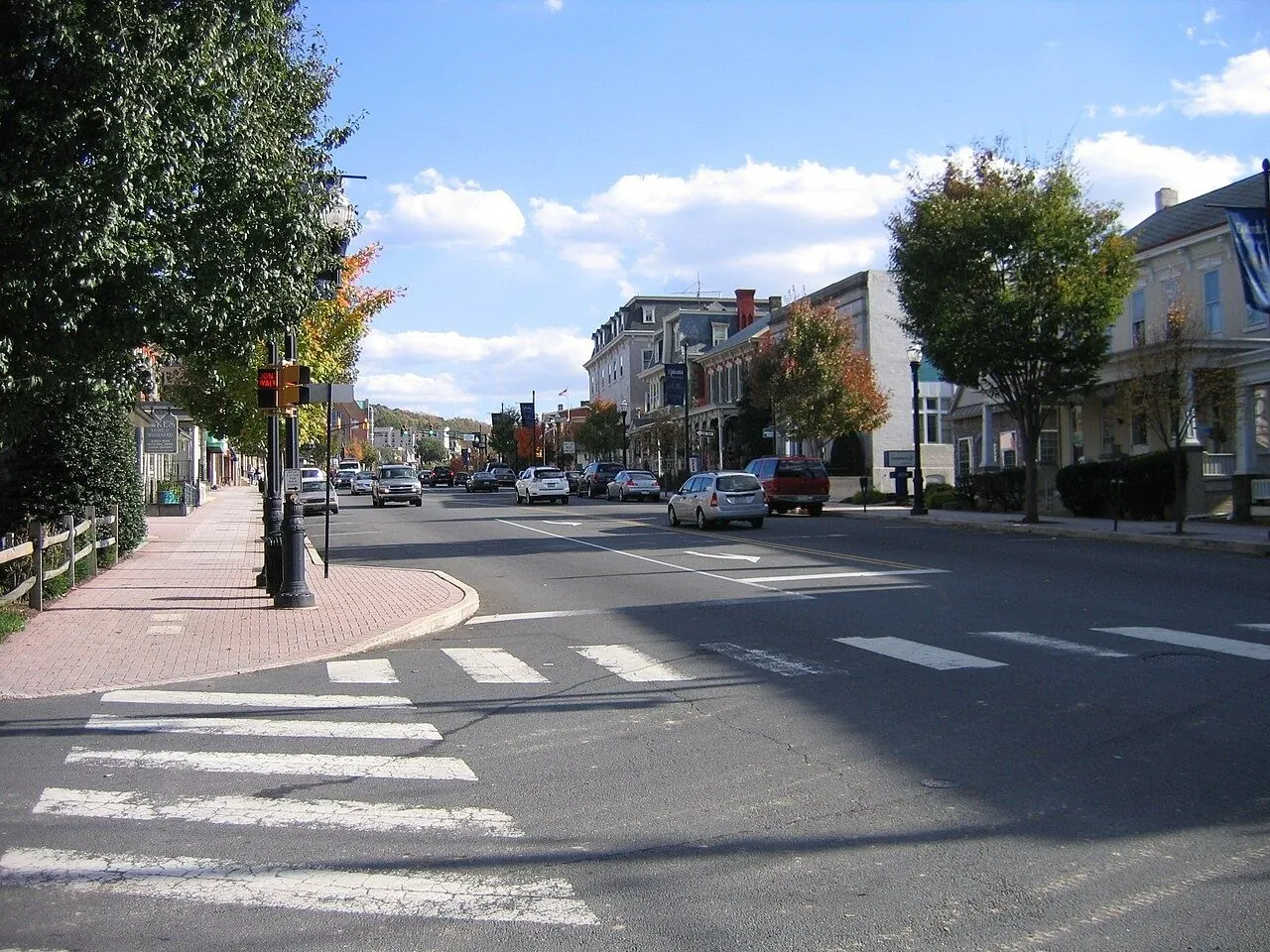 Crosswalk, sidewalk and bike lane on a small-town street