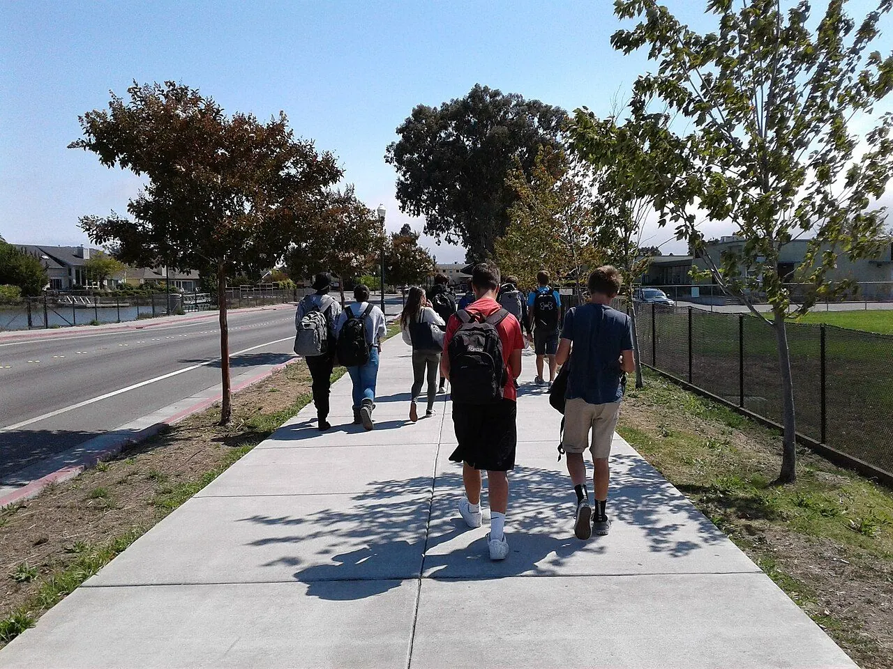 Children walking to school with adult volunteers