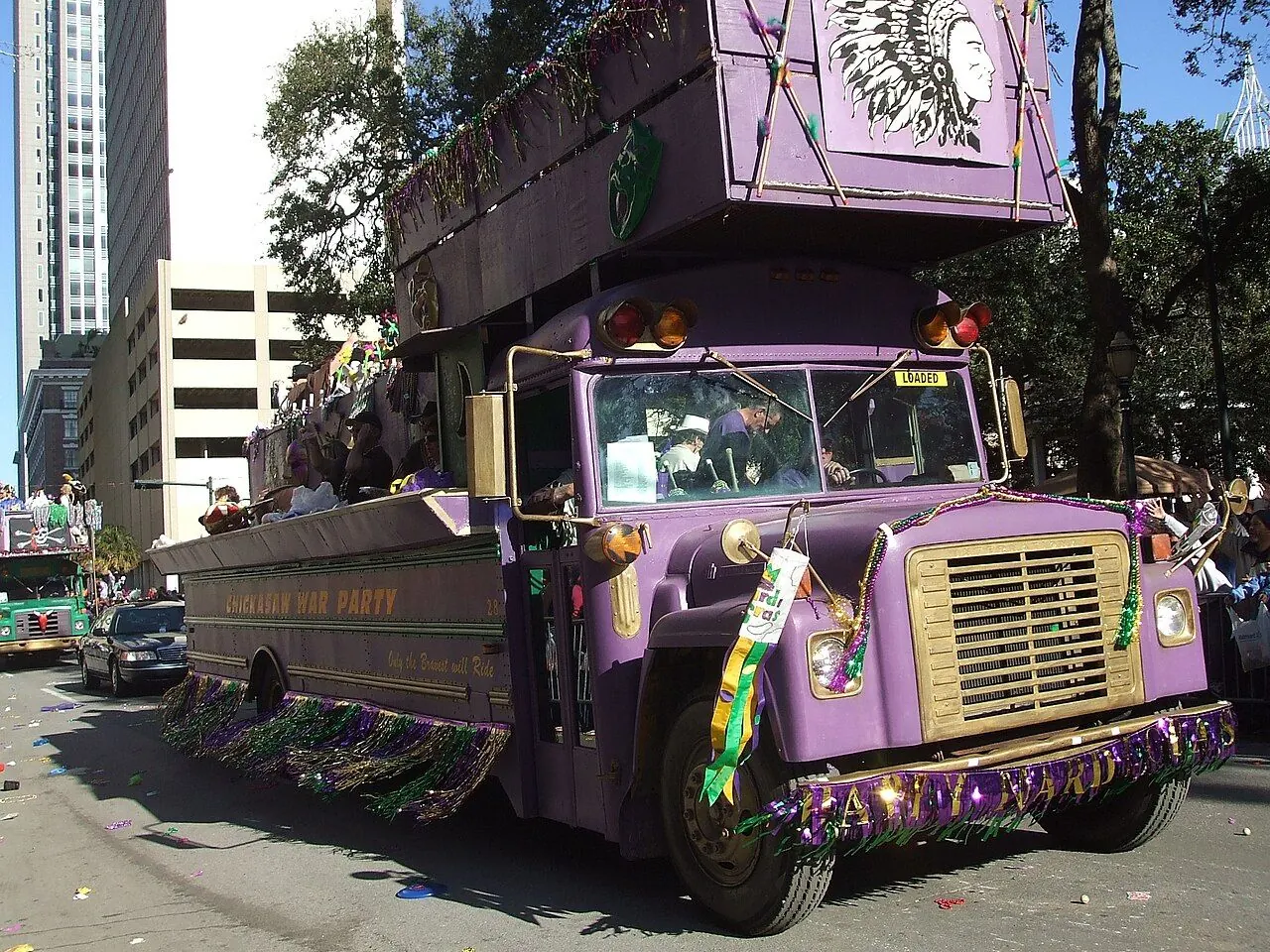Mardi Gras parade float rolling through downtown Mobile